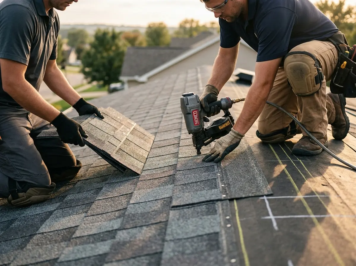 Professional roofer working on a residential roof in Litchfield